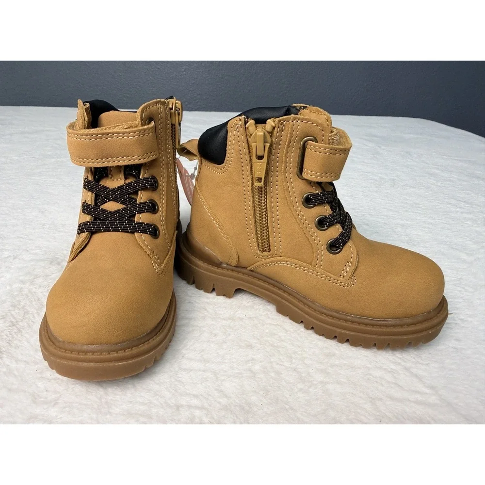 NEW Boys Tan Work Boots Trucker  Strap Side Zip Slip On Brown Kids 7 NWT